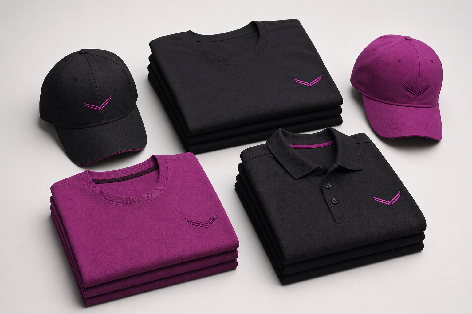 Custom branded apparel including shirts, hoodies, uniforms, and caps